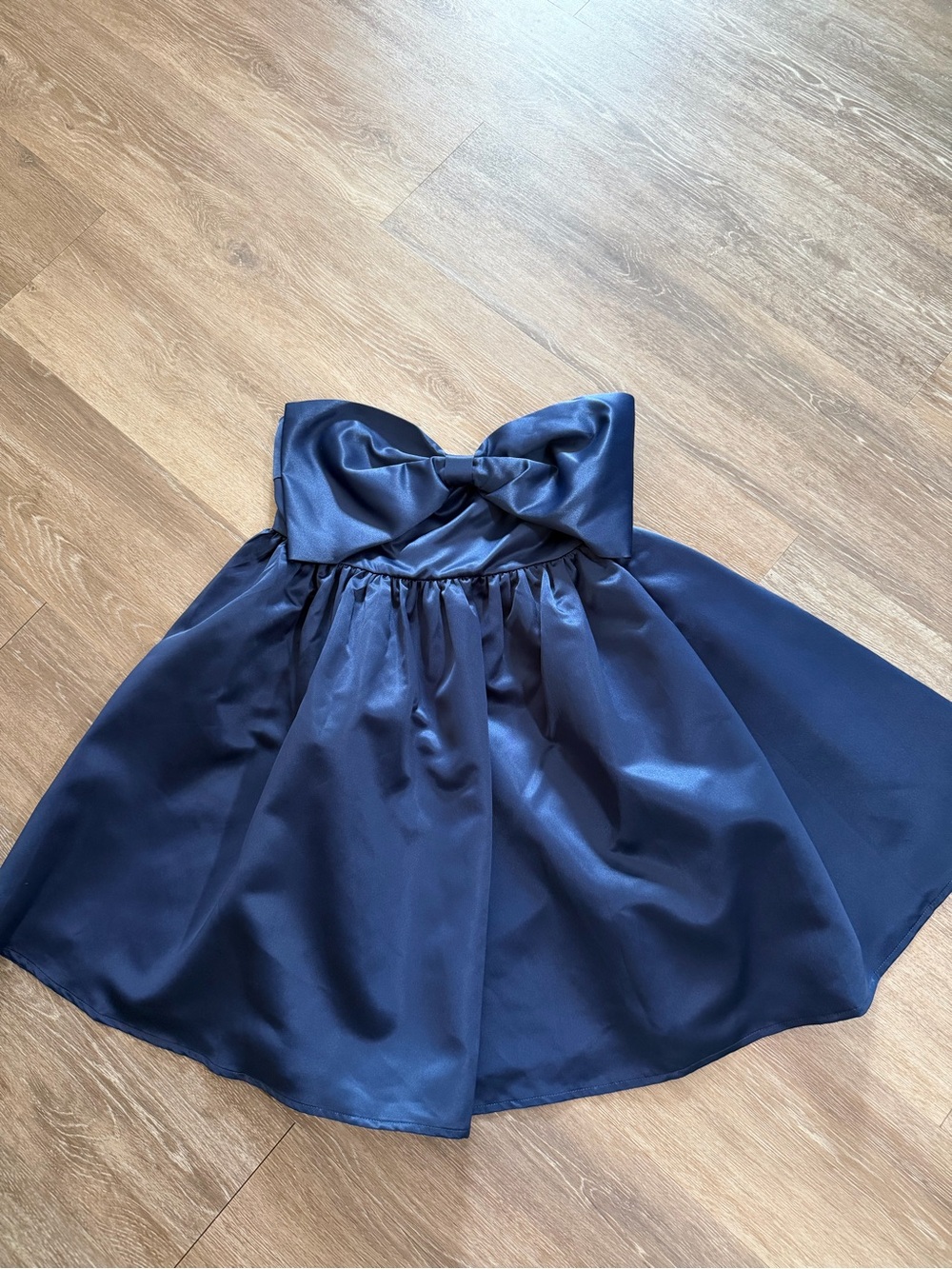 Navy Strapless Bow-Front Satin Dress